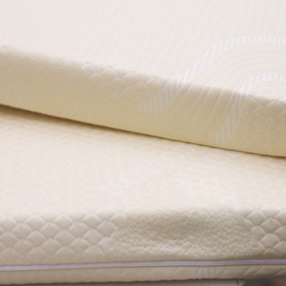 Bright organic cotton cover wrapped around natural latex topper, chemical-free and breathable