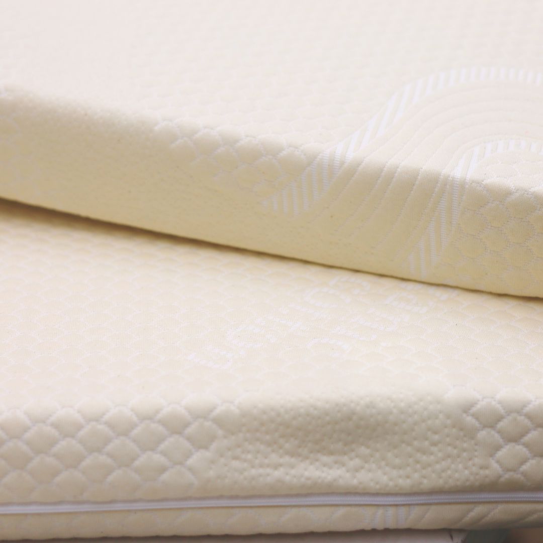 Bright organic cotton cover wrapped around natural latex topper, chemical-free and breathable