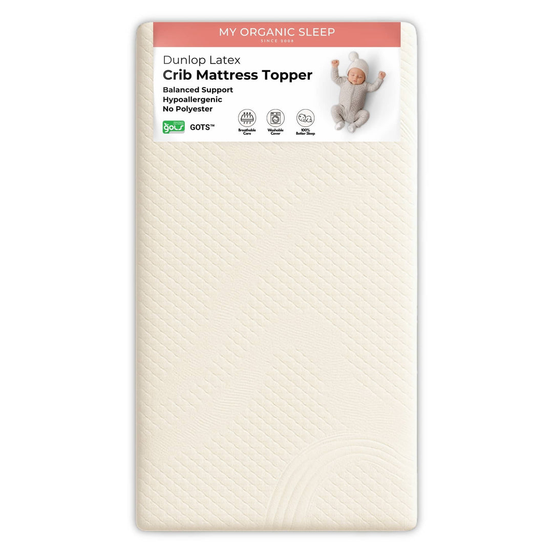 crib mattress topper. 100% gots certifed organic cotton cover with GOLS certified Dunlop latex standard size 52" x 28" 
