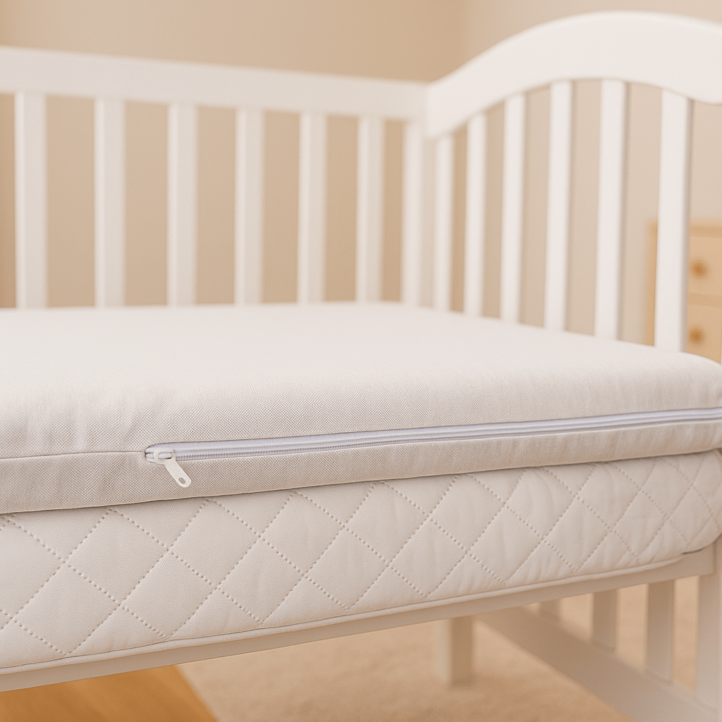 White crib mattress with zipper on a white crib against a beige wall.