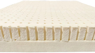 soft and firm latex mattress topper. Soft is on the top showing the pin holes, and bottom showing the second firmness firm. For multiple comfortability 