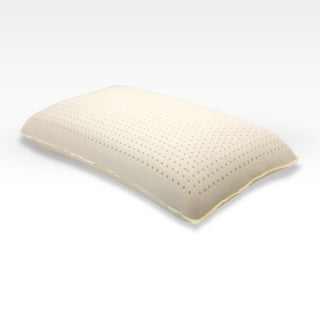 A natural white Talalay latex pillow with pinhole ventilation designed for side, back, and stomach sleepers.