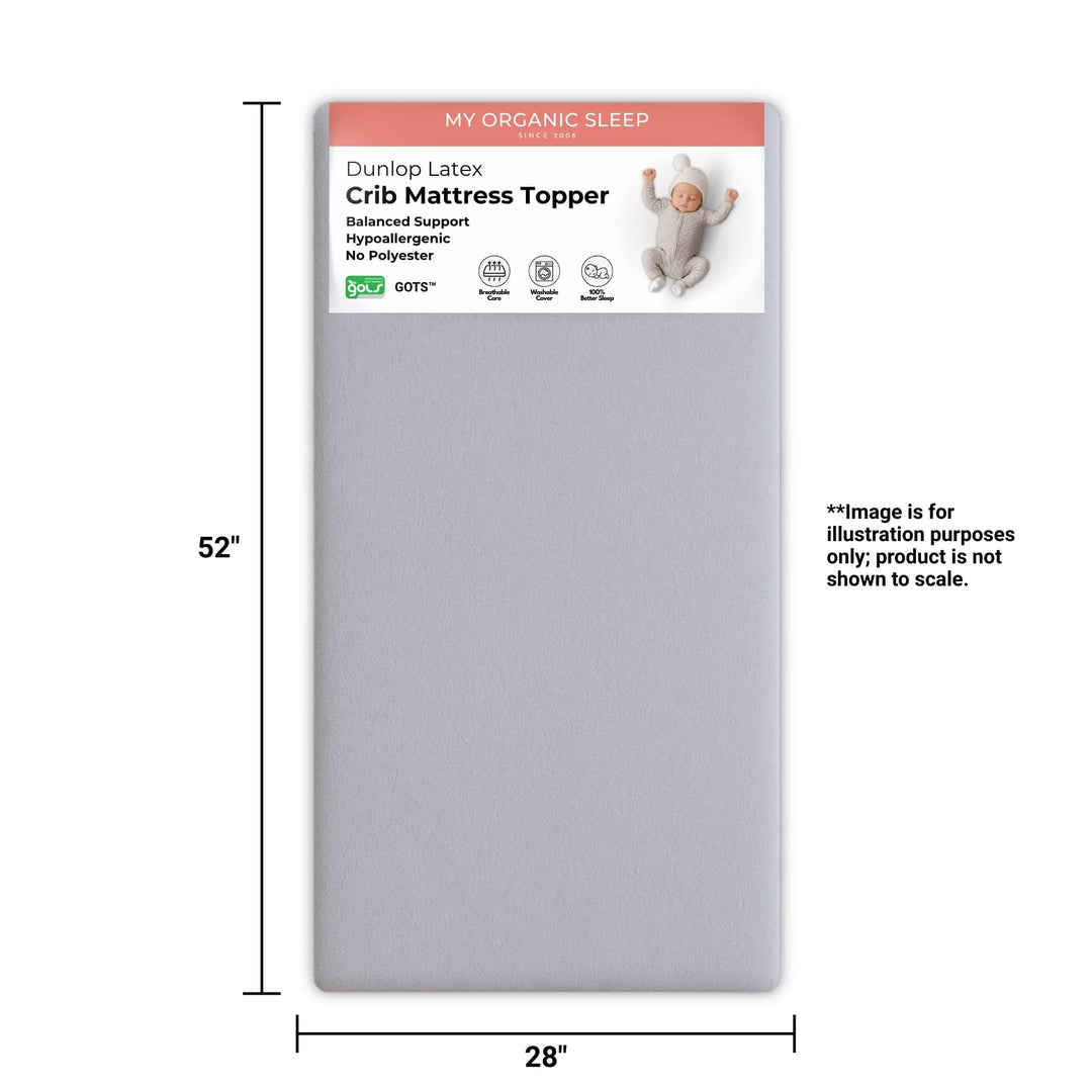 crib mattress topper. 100% gots certifed organic Heather grey cotton cover with GOLS certified latex standard size 52" x 28" 