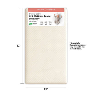 Dunlop Latex crib mattress topper packaging with dimensions and certification logos.